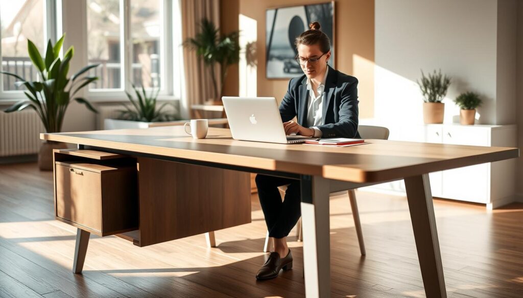 A stylish, multifunctional dining table designed as a workspace, set in a modern, well-lit home environment. The table features a sleek, minimalist design with built-in storage and an extendable surface, showcasing a laptop, a notepad, and a coffee mug. In the foreground, a professional dressed in smart casual clothing is seated at the table, focused on their work. The middle ground highlights a cozy yet functional living space with decorative plants and bright, airy windows that let in natural light. The background includes a warm-toned wall with artwork, contributing to a relaxed atmosphere. Soft shadows play across the scene, illuminated by sunlight streaming in to create an inviting and productive mood, captured from a slightly elevated angle for depth.
