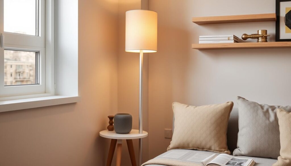 A stylish slim floor lamp elegantly integrated into a cozy small nook, featuring a modern design with smart controls visibly highlighted. In the foreground, the lamp stands tall with a warm, diffused light emanating from its soft fabric shade, casting gentle illumination. The middle layer reveals a minimalist side table adorned with a sleek smart speaker, a small plant, and a book. The background consists of a tastefully decorated wall with floating shelves displaying decorative items. The scene is captured from a slightly elevated angle, creating a sense of depth. Soft, inviting colors enhance the atmosphere, suggesting a peaceful and functional space ideal for relaxation or work. Natural light filters through a nearby window, adding a touch of warmth to the overall ambiance.