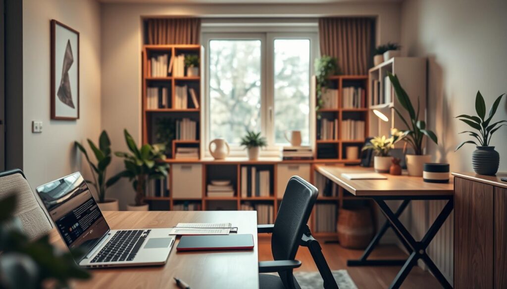 A stylish small home office featuring a compact, collapsible desk in a modern design. The foreground shows the desk with a laptop, notebooks, and a comfortable ergonomic chair, emphasizing functionality and comfort. In the middle ground, a cozy bookshelf filled with neatly arranged books and decorative plants adds a touch of personality. The background features a large window with natural light streaming in, illuminating the space and enhancing the inviting atmosphere. The color palette consists of warm tones with hints of greenery. Use soft, ambient lighting to create a calm and productive mood. The scene captures a balance between elegance and practicality, ideal for studio living environments.