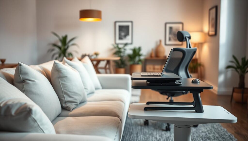A stylish sofa-side workspace designed for optimal spinal health. In the foreground, a light-colored, modern sofa with plush cushions sits next to a carefully arranged laptop and ergonomic accessories on a sleek, adjustable side table. The table height is perfectly aligned to encourage good posture, with an open ergonomic chair nearby. The middle ground features a cozy living room setting, adorned with soft lighting from a warm pendant lamp, casting gentle shadows. In the background, subtle decor elements like plants and framed art create an inviting atmosphere. The angle is a slightly elevated perspective, capturing the harmony of the workspace within its homey context, evoking a sense of comfort and productivity. The overall mood is serene and conducive to efficient work, emphasizing the importance of ergonomics in a casual setting.