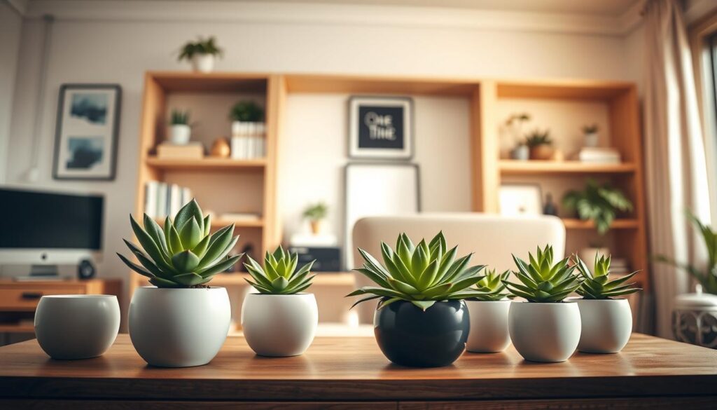 A stylish workspace featuring a set of modern desktop planters arranged on a finely crafted hutch. In the foreground, vibrant green succulent plants in sleek ceramic pots add a burst of life. The middle layer showcases the hutch itself, made of light wood with a minimalistic design, containing shelves lined with various decorative items and books. The background features a softly blurred office space with warm, natural light filtering through a nearby window. Use a wide-angle lens to capture the inviting atmosphere, which conveys a sense of organization and tranquility. The overall mood is fresh, clean, and inspiring, perfect for enhancing productivity in a personal workspace.