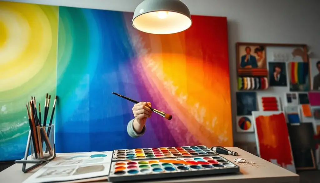 A vibrant spectrum of colors radiating across the canvas, transitioning smoothly from deep blues to bright yellows and rich reds. In the foreground, a well-organized artist's workspace featuring a few paintbrushes, an open sketchbook, and a palette filled with mixed paints, reflecting the colors of the spectrum. The middle ground showcases the artist's hands, skillfully blending colors with a brush, dressed in modest casual attire. A softly glowing, high-CRI light source above casts a warm, natural light, enhancing the vivid colors and creating gentle shadows. In the background, a thoughtfully arranged wall of colorful art pieces and swatches provides context, suggesting the creative atmosphere. The overall mood is inspirational and focused, illustrating the importance of color perception in the artistic process.