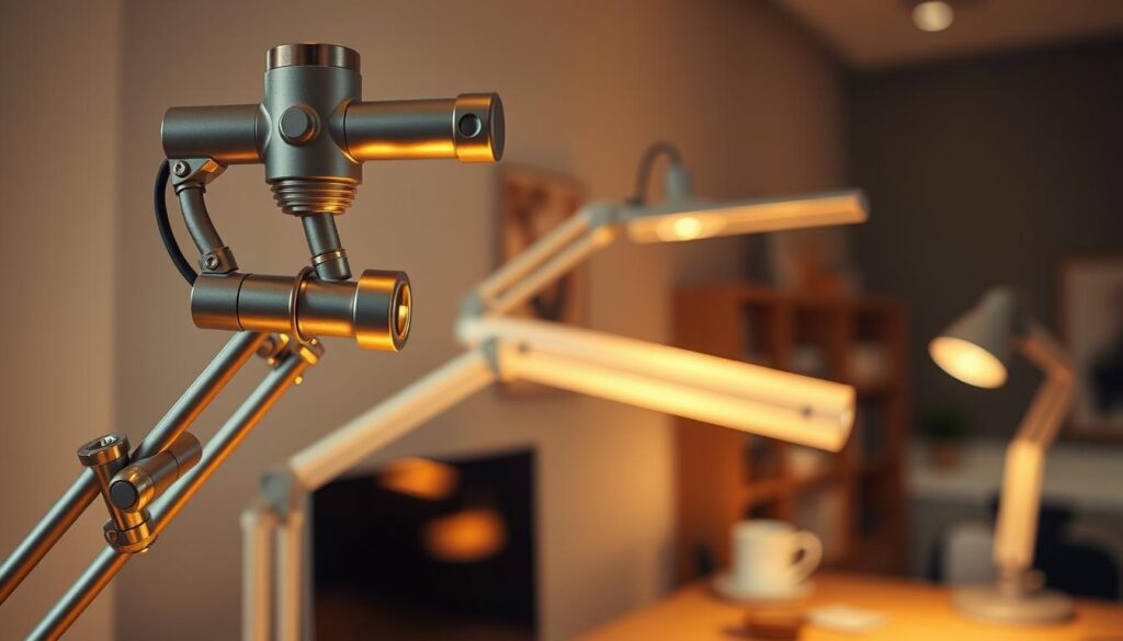 A visually striking close-up of a modern adjustable swing-arm lighting fixture, focusing on its articulation points and mechanisms. In the foreground, emphasize the intricate joints and the sleek design of the lamp, crafted from polished metal with a matte finish. In the middle ground, showcase various arm options extending from the fixture, exhibiting different lengths and angles, casting warm, soft light. In the background, include a softly blurred workspace environment, hinting at a stylish desk setting with neutral tones. The lighting should create a warm and inviting atmosphere, highlighting the functionality and elegance of the adjustable arms. Use a slightly shallow depth of field to draw attention to the details of the lamp's design, while maintaining a professional and modern aesthetic.