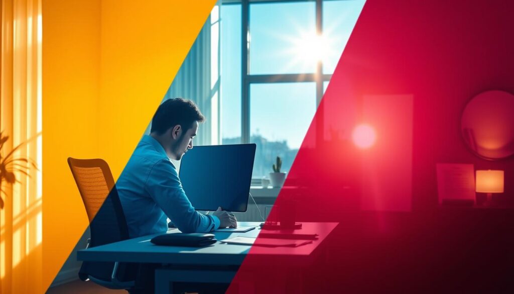 A visually striking representation of color temperature effects throughout the day, depicting a split scene. In the foreground, a person in professional attire sits at a desk, absorbed in work under a warm, golden morning light that radiates softness and comfort, enhancing focus. The middle ground showcases a transition from bright midday light, showcasing cooler tones of blue, symbolizing alertness and productivity, with natural sunlight streaming through a large window. In the background, the scene gradually shifts to a calming evening glow with deep oranges and purples, suggesting relaxation as the sun sets. Soft, diffused lighting enhances the mood and emphasizes the changing color temperatures throughout the day. The composition captures the essence of how these variations influence mood, focus, and productivity in a harmonious blend.