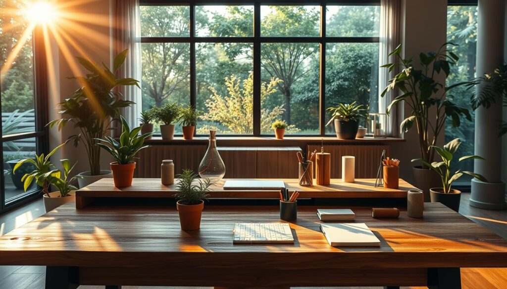 A visually striking representation of embodied carbon, featuring a modern home office setting. In the foreground, a large, stylish desk made from reclaimed wood, symbolizing eco-friendly materials, adorned with potted plants that purify air. The middle ground displays sustainable office essentials, like a bamboo pen holder, hemp paper notebooks, and energy-efficient lighting, casting a warm, inviting glow. In the background, a large window reveals a lush garden outside, promoting a connection with nature. The lighting is soft and natural, reminiscent of golden hour, with sunbeams filtering through the window, creating a serene atmosphere. The color palette is earthy and calming, dominated by greens, browns, and soft whites, reflecting a commitment to sustainability and well-being. The overall mood is harmonious and inspiring, encouraging eco-conscious choices for home office materials.