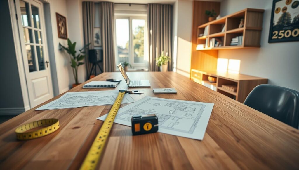 A well-designed measuring desk in a stylish home office setting, showcasing a large wooden surface with tape measure and drafting tools laid out on it. In the foreground, a measuring tape is extended next to architectural plans. In the middle, a clean and organized workspace with a laptop, notebooks, and a plant adds a touch of life. In the background, a floor-to-ceiling wall with a built-in shelf complements the desk, emphasizing the theme of maximizing awkward spaces. The scene is warmly lit with natural light coming through a nearby window, creating a bright and inviting atmosphere. The angle offers a slight bird's eye view, capturing the essence of professional workspace design. The overall mood is focused and creative, encouraging efficient use of space.