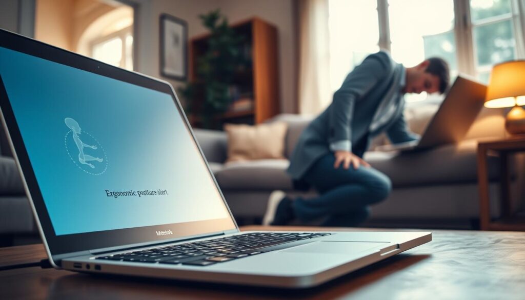 A well-lit home office environment focusing on a laptop screen positioned on an uneven surface, such as a coffee table. In the foreground, a close-up of the laptop screen displays an ergonomic posture alert, while the middle ground showcases a person in professional business attire, slightly hunched over the laptop, struggling to maintain a proper posture. The background features a cozy living room setup with soft natural light filtering through a window, enhancing the mood of unease associated with poor posture. The image captures the essence of discomfort in a typical working from home situation, emphasizing the challenges posed by laptops on various surfaces. The angle should be slightly elevated, providing a clear view of the posture issue without distractions in the composition.
