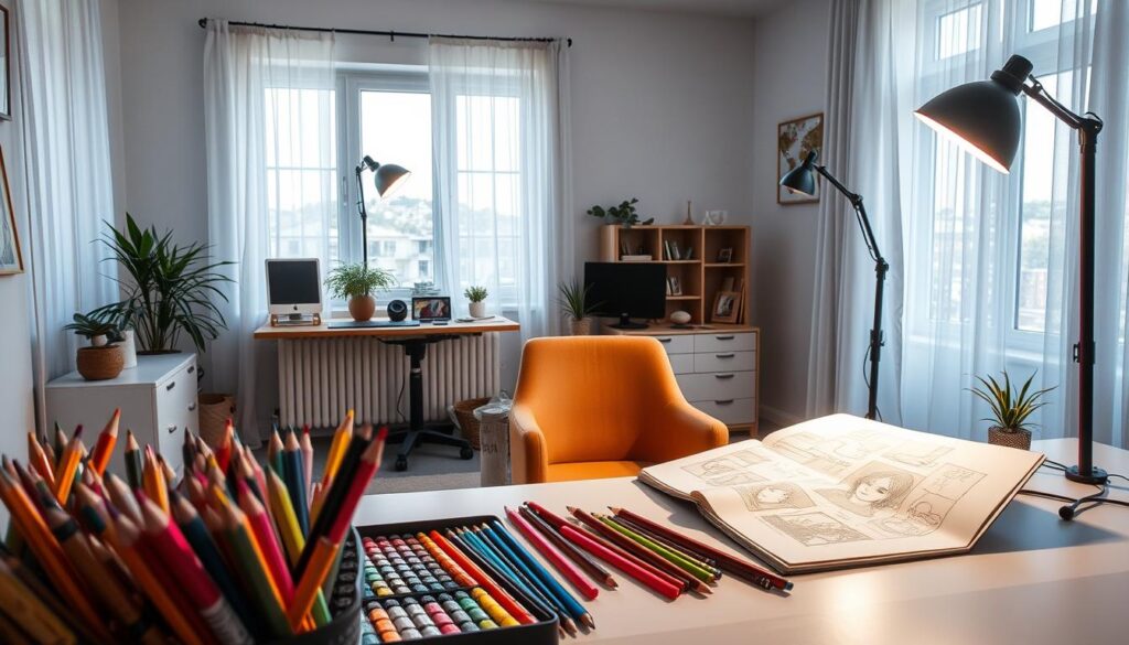 A well-lit home studio environment showcasing a color rendering setup. In the foreground, a designer's creative workspace with a palette of vibrant paint tubes, a variety of colored pencils, and an open sketchbook filled with illustrations. The middle ground features a table equipped with high-CRI LED lights, illuminating the workspace with soft, natural light that enhances the colors’ true vibrancy. A comfortable chair, set at an inviting angle, is ready for use. In the background, large windows let in daylight, with sheer curtains diffusing the light, creating a bright, airy atmosphere. The mood is inspiring and focused, perfect for artistic expression, with a clean and organized look to emphasize the significance of effective color rendering in design. A well-lit home studio environment showcasing a color rendering setup. In the foreground, a designer's creative workspace with a palette of vibrant paint tubes, a variety of colored pencils, and an open sketchbook filled with illustrations. The middle ground features a table equipped with high-CRI LED lights, illuminating the workspace with soft, natural light that enhances the colors’ true vibrancy. A comfortable chair, set at an inviting angle, is ready for use. In the background, large windows let in daylight, with sheer curtains diffusing the light, creating a bright, airy atmosphere. The mood is inspiring and focused, perfect for artistic expression, with a clean and organized look to emphasize the significance of effective color rendering in design.