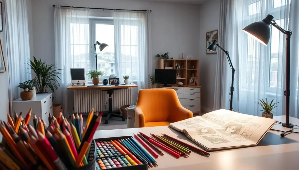 A well-lit home studio environment showcasing a color rendering setup. In the foreground, a designer's creative workspace with a palette of vibrant paint tubes, a variety of colored pencils, and an open sketchbook filled with illustrations. The middle ground features a table equipped with high-CRI LED lights, illuminating the workspace with soft, natural light that enhances the colors’ true vibrancy. A comfortable chair, set at an inviting angle, is ready for use. In the background, large windows let in daylight, with sheer curtains diffusing the light, creating a bright, airy atmosphere. The mood is inspiring and focused, perfect for artistic expression, with a clean and organized look to emphasize the significance of effective color rendering in design.