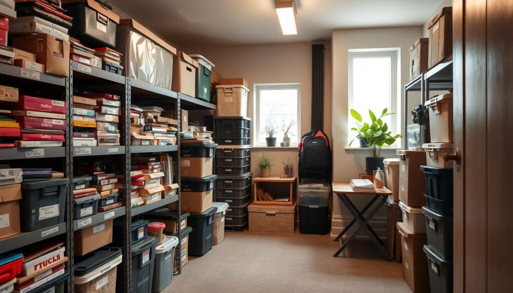 A well-organized backstock storage room in a small condo, featuring neatly stacked boxes and labeled bins for bulky items like seasonal decorations and sports equipment. In the foreground, a sturdy shelving unit filled with varied items, each clearly labeled, presents a sense of order. The middle ground shows a cozy, compact space with a foldable table for sorting items, and a bright overhead light creates a warm, inviting atmosphere. The background reveals a small window letting in natural light, highlighting a couple of plants that add freshness to the space. The scene should convey practicality and efficiency in managing storage within a limited area, with a mood of calm and organization. Opt for a wide-angle shot to capture the entire room's layout.