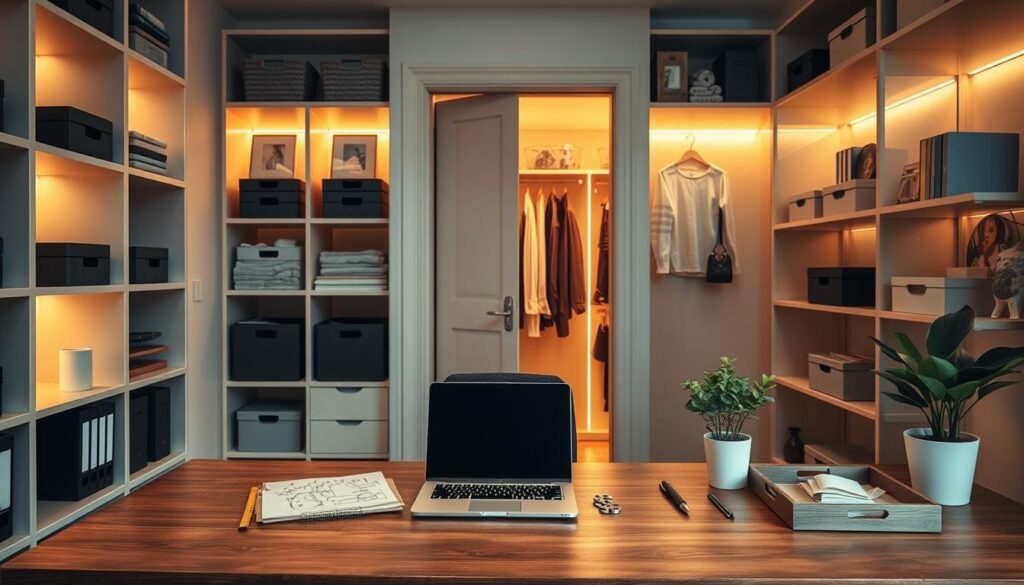A well-organized closet office featuring a planning desk with multiple shelves. The foreground shows a sleek wooden desk with a laptop, sketch pads, and measuring tools neatly arranged. On the left side, a tall, open shelf is filled with stylish storage bins and books, while the right side displays a potted plant and organizing trays for office supplies. The middle ground contains the illuminated closet space, showcasing bright, warm-toned LED lighting that adds a cozy atmosphere. In the background, the closet door is slightly ajar, revealing a glimpse of organized hanging space. The image should be taken from a slight angle to capture depth and dimensions, emphasizing a professional yet inviting workspace. The overall mood is calm, productive, and inspiring.