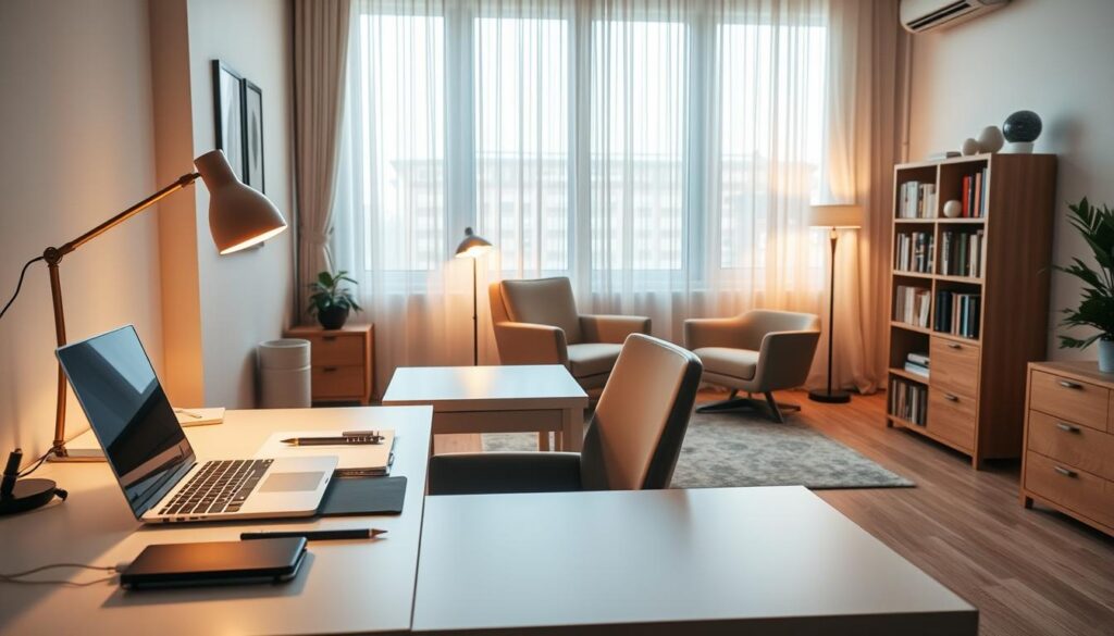 A well-organized home office setting, showcasing multiple work areas designed for focused tasks. In the foreground, a sleek, modern desk with a laptop, stationary, and a stylish desk lamp providing warm task lighting. In the middle ground, a cozy reading nook with a comfortable chair, a small bookshelf filled with books, and a soft floor lamp casting a gentle glow. The background features a large window with sheer curtains, allowing soft, diffused daylight to illuminate the room. The overall atmosphere is calm and productive, emphasizing a tidy, inviting workspace. The lighting should create a contrast between the warm tones of task lighting and the cooler ambient light from the window, inviting focus and creativity. Focus on architectural aspects and furniture layout without any people present.