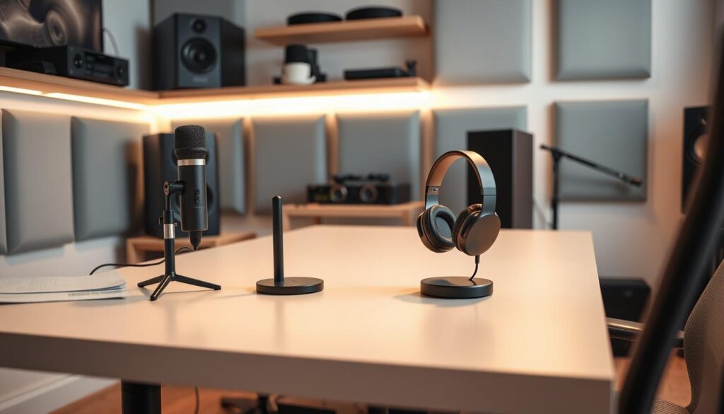 A well-organized home studio desk featuring an elegant setup for headsets and microphones. In the foreground, a sleek, modern desk is neatly arranged with a high-quality microphone on a stand and a pair of wireless headphones resting on a stylish charging dock. The middle ground showcases soundproof wall panels in calming colors, complementing the desk’s aesthetic. Background elements include shelves displaying audio equipment, neatly arranged cables, and soft lighting that creates a warm, inviting atmosphere. The scene is illuminated with soft, diffused lighting, creating an inspiring workspace. The angle is slightly elevated, capturing the entire setup from a dynamic perspective. The mood is creative and professional, highlighting a “desk-clear” organization ideal for productivity.