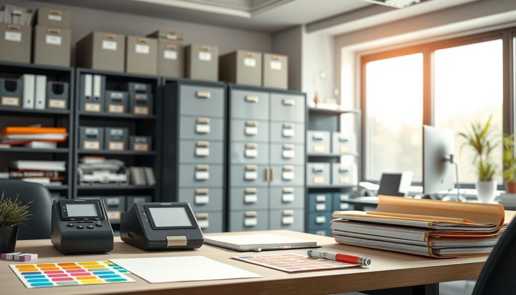A well-organized office environment focused on efficient labeling systems. In the foreground, a neatly arranged desktop featuring colorful labels, a label maker, and organized folders with clear label markers. In the middle ground, a filing cabinet and shelves filled with labeled storage boxes, showcasing an efficient use of space. The background features a large window allowing natural light to flood the room, creating a bright and inviting atmosphere. The lighting is soft yet vibrant, highlighting the colors of the labels. The overall mood should feel productive and orderly, emphasizing the importance of labeling for efficiency. No people are present, ensuring the focus remains on the labeling system itself.