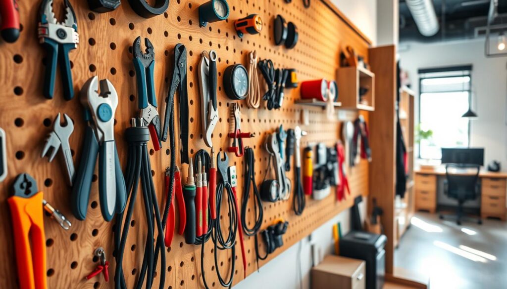 A well-organized pegboard wall system filled with various tools and tech gadgets, showcasing a modern workspace setup. In the foreground, neatly arranged hooks hold colorful hand tools like pliers, screwdrivers, and wrenches, while tech gadgets like charging cables and a small clock hang prominently. The middle ground features the sturdy wooden pegboard, displaying an array of compartments and shelves for efficient organization. In the background, a softly lit office space with a wooden desk and ergonomic chair enhances the overall atmosphere of productivity. Natural light floods the scene, creating a warm and inviting environment. The angle captures the pegboard from a slightly elevated perspective, emphasizing its functionality and the ease of access to tools and equipment.