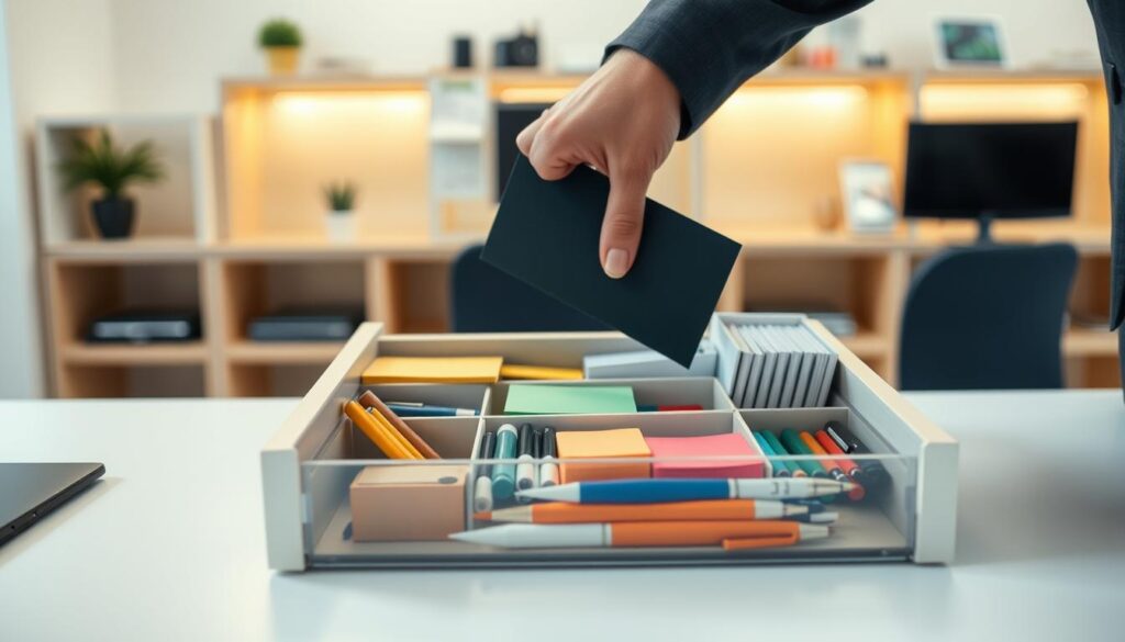 A well-organized small desk drawer being reset, featuring an arrangement of assorted office supplies like pens, sticky notes, and folders neatly grouped. In the foreground, a clean, empty space emphasizes a decluttered environment, with a clear divider separating each category of items. The middle layer shows partially sorted items, with a hand in a professional business attire reaching to place a folder in its designated section. In the background, a softly lit office setting with neutral tones and inviting shelves enhances the atmosphere of cleanliness and efficiency. The lighting is bright but warm, evoking a sense of freshness and productivity. The focus should be sharp on the drawer contents, with a slight soft blur on the background to emphasize the subject.