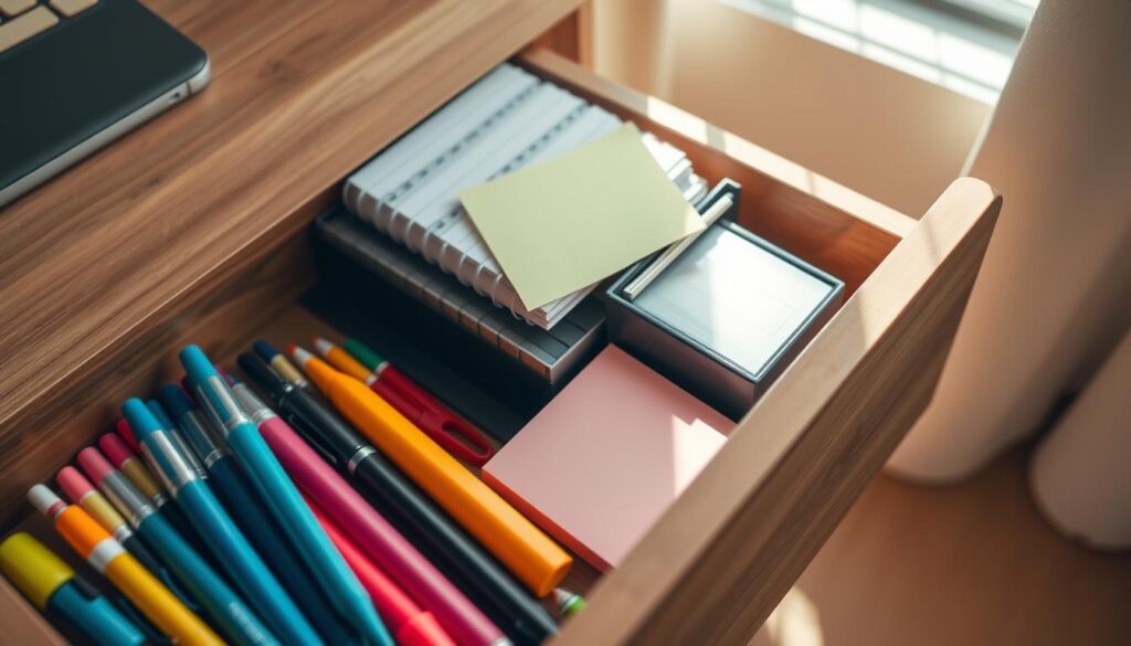 A well-organized small desk drawer viewed from a slight top angle, filled with various office supplies. In the foreground, a neatly arranged set of pens, sticky notes, and a small notepad in vibrant colors. The middle section features a stack of papers and a compact file organizer holding important documents, all visually appealing. The background shows the drawer's wooden texture, enhancing its warmth and professionalism. Soft, natural lighting filters in from a nearby window, creating gentle shadows that add depth. The atmosphere conveys a sense of order and efficiency, perfect for maximizing small storage spaces. The overall composition visually illustrates the importance of assessing drawer space while maintaining a clean and clutter-free aesthetic.