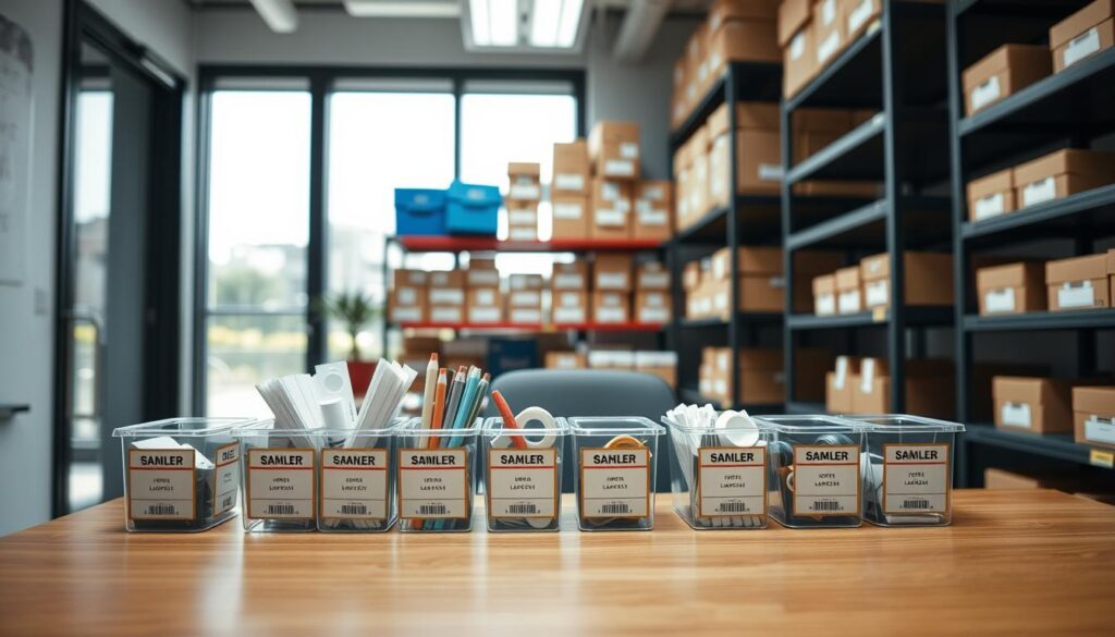 A well-organized small office interior featuring a modern labeling system for inventory management. In the foreground, a sleek wooden desk displays neatly labeled containers filled with office supplies, each prominently showcasing clear, colorful labels. The middle ground reveals a shelving unit stocked with various labeled boxes, creating a sense of order and accessibility. In the background, a bright, well-lit window allows natural light to stream in, enhancing the overall clarity of the scene. The angle captures the depth of the office, emphasizing the efficiency that a robust labeling system provides. The atmosphere is professional yet inviting, conveying a feeling of productivity and organization, suitable for a small office environment.