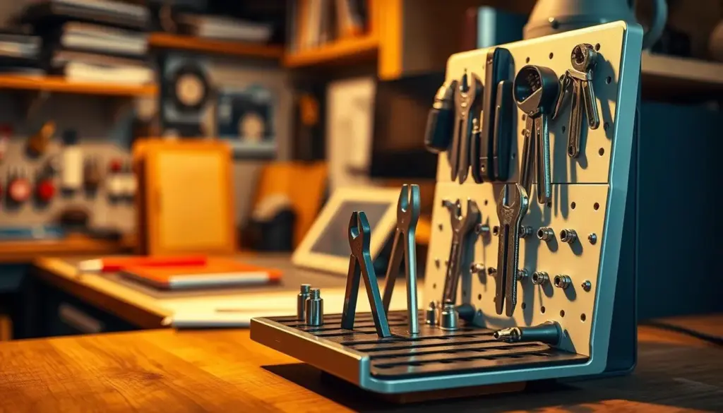 A well-organized storage organizer featuring a magnetic surface, designed to keep metal tools and tech easily accessible. In the foreground, a sleek and modern organizer displays various magnetic tool holders, including pliers and wrenches, attached securely, highlighting functionality and ease of use. The middle ground showcases a workspace environment with wooden or metallic surfaces, emphasizing a tidy and efficient setup. In the background, warm ambient lighting creates a cozy yet professional atmosphere, casting soft shadows that enhance the textures of the materials. The angle captures the depth of the organizer, offering a 3D perspective that invites viewers to imagine its practicality. The mood suggests organized efficiency, perfect for a professional setting.