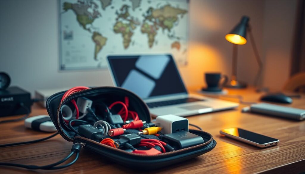 A well-organized travel organizer on a clutter-free desk, showcasing an array of adapters, cables, and charging essentials. In the foreground, focus on a sleek, open travel pouch filled with neatly arranged USB cables, power adapters, and portable chargers in vibrant colors. The middle ground features a laptop and a smartphone connected to a charging hub, emphasizing modern technology. The background includes a minimalist workspace with a soft-focus world map on the wall and a cozy lamp casting warm light, creating a relaxed and inviting atmosphere. The scene is captured with a shallow depth of field to keep the focus sharp on the organizer while softly blurring the background. The lighting is warm and ambient, enhancing the feeling of a digital nomad's organized workspace.