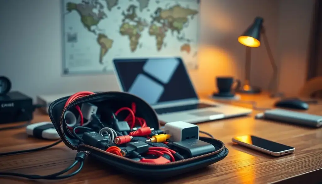 A well-organized travel organizer on a clutter-free desk, showcasing an array of adapters, cables, and charging essentials. In the foreground, focus on a sleek, open travel pouch filled with neatly arranged USB cables, power adapters, and portable chargers in vibrant colors. The middle ground features a laptop and a smartphone connected to a charging hub, emphasizing modern technology. The background includes a minimalist workspace with a soft-focus world map on the wall and a cozy lamp casting warm light, creating a relaxed and inviting atmosphere. The scene is captured with a shallow depth of field to keep the focus sharp on the organizer while softly blurring the background. The lighting is warm and ambient, enhancing the feeling of a digital nomad's organized workspace. A well-organized travel organizer on a clutter-free desk, showcasing an array of adapters, cables, and charging essentials. In the foreground, focus on a sleek, open travel pouch filled with neatly arranged USB cables, power adapters, and portable chargers in vibrant colors. The middle ground features a laptop and a smartphone connected to a charging hub, emphasizing modern technology. The background includes a minimalist workspace with a soft-focus world map on the wall and a cozy lamp casting warm light, creating a relaxed and inviting atmosphere. The scene is captured with a shallow depth of field to keep the focus sharp on the organizer while softly blurring the background. The lighting is warm and ambient, enhancing the feeling of a digital nomad's organized workspace.