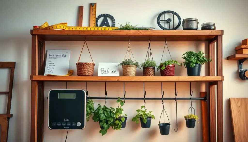 An organized wooden shelf displayed against a softly lit wall, showcasing a variety of measuring tools like a tape measure, ruler, and a protractor meticulously arranged on the top. In the foreground, visualize a sleek digital scale with a neatly written note outlining measurements. The middle ground features the shelf adorned with vibrant hanging baskets filled with green plants, seamlessly integrated with sturdy hooks beneath the shelf, displaying pots of herbs. The background consists of a softly blurred workshop or home setting, with warm ambient lighting casting gentle shadows, creating a cozy and inviting atmosphere. The angle should be slightly tilted to emphasize the depth of the shelving while keeping all elements in focus, conveying a sense of practicality and creativity in space management.