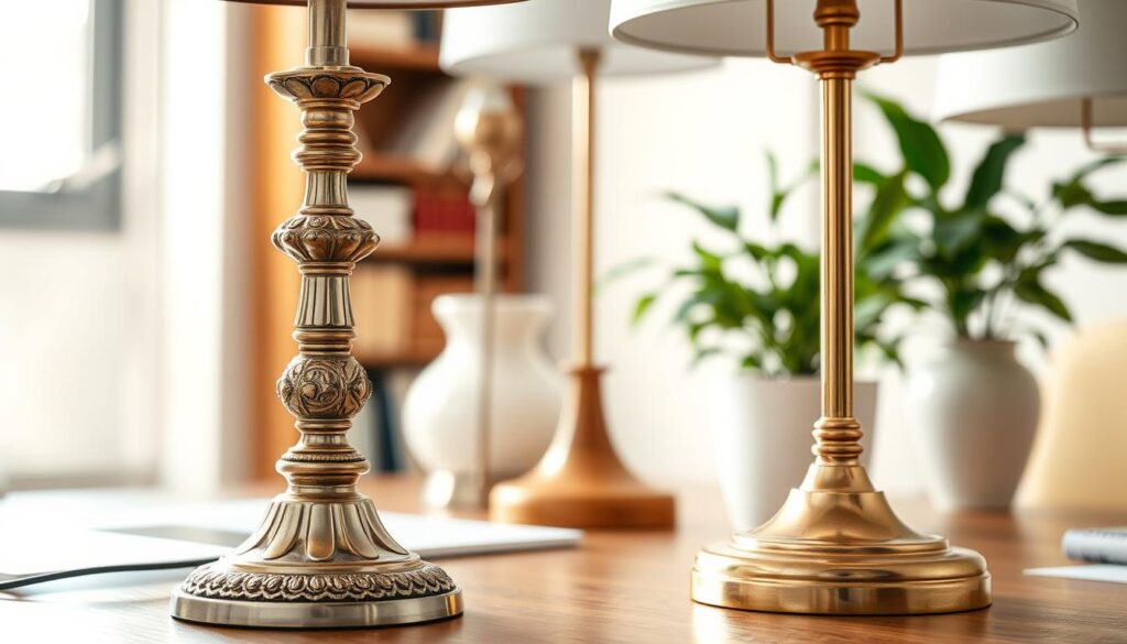 A beautifully arranged desk scene focused on lamp bases, showcasing a variety of lamp designs that highlight the balance between stability and surface area. In the foreground, a sturdy ornamental lamp base made from polished metal stands prominently, detailed with intricate patterns. The middle ground features a selection of lamps with different base shapes, including a wide, round base and a narrow, tall one, emphasizing their stability. Soft, natural light filters in from a nearby window, creating a warm and inviting atmosphere. The background includes a blurred bookshelf and potted plants, enhancing the tranquil workspace vibe, while maintaining focus on the lamp bases. Ideal angle from slightly above, capturing depth and perspective without any text or distractions.