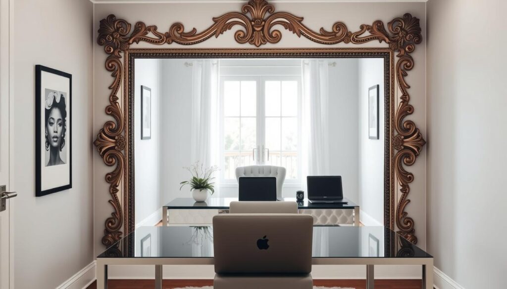 A beautifully designed small home office featuring a large, ornate mirror on the back wall, reflecting natural light pouring in from a nearby window. In the foreground, a sleek, modern desk with minimalistic decor, including a laptop and a potted plant. The mirror should be framed in a contemporary style, enhancing the sense of spaciousness in the room. The middle ground showcases a stylish chair positioned at the desk, while the background reflects a soft, neutral color palette that amplifies brightness and openness. Use soft, diffused lighting to create a warm and inviting atmosphere, focusing on a wide-angle view to emphasize depth and clarity in the space. The overall mood should convey sophistication and tranquility, suitable for a productive office environment.