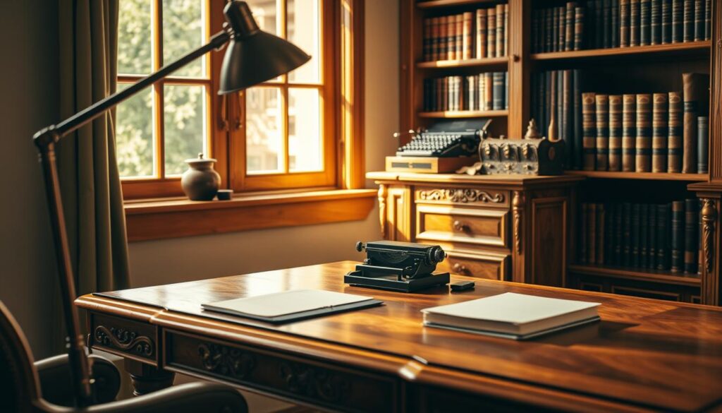 A beautifully styled vintage desk in warm oak wood, featuring intricate carvings and an antique patina. The desk is elegantly set in a cozy home office space, surrounded by soft, natural light filtering through a nearby window, creating a warm atmosphere. In the foreground, a sleek, modern desk lamp casts a gentle glow, emphasizing the desk’s nostalgia. The middle ground highlights the desk’s details, like an antique inkpot and a classic typewriter. In the background, a tasteful bookshelf filled with leather-bound books enhances the vintage charm. The overall mood feels inviting and productive, perfect for inspiring creativity and focus in a home office. Ideal for a high-quality photograph, captured with a soft-focus lens to add warmth.