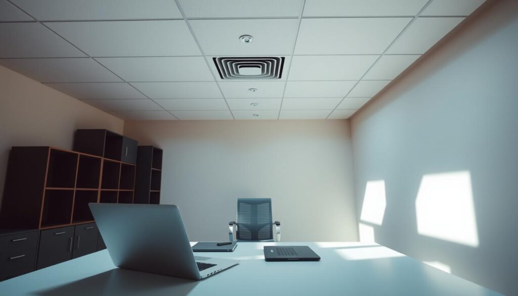 A bright, modern small office space showcasing an ineffective lighting layout. In the foreground, a sleek, minimalist desk with a laptop and office supplies, bathed in harsh, overhead fluorescent light that creates stark shadows on the desk. In the middle ground, an office chair positioned awkwardly under the ceiling lights, contributing to a sense of flattening rather than warmth. The background features walls painted in a soft color, contrasting with the clinical overhead lighting. Use a wide-angle lens perspective to capture the expansive feel while emphasizing the harshness of the light. The atmosphere should feel sterile and uncomfortable, illustrating the pitfalls of over-relying on overhead and recessed lighting in a compact office setting.