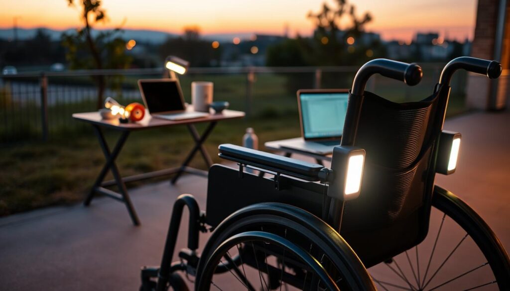 A brightly lit, portable workspace featuring a wheelchair equipped with clip-on lights. In the foreground, showcase the wheelchair with a sleek, modern design, the clip-on lights illuminating the surrounding area with a warm glow, highlighting their functionality. The middle ground includes a portable desk with scattered tools and a laptop, all lit up by the wheelchair's lights, accentuating the importance of visibility. In the background, a soft-focus outdoor setting during dusk, with hints of trees and distant buildings, creates a serene atmosphere. Use a wide-angle lens to capture the entire scene, emphasizing the blend of technology and safety in workspaces. The overall mood should be inviting and practical, underscoring the benefits of personalized lighting solutions.