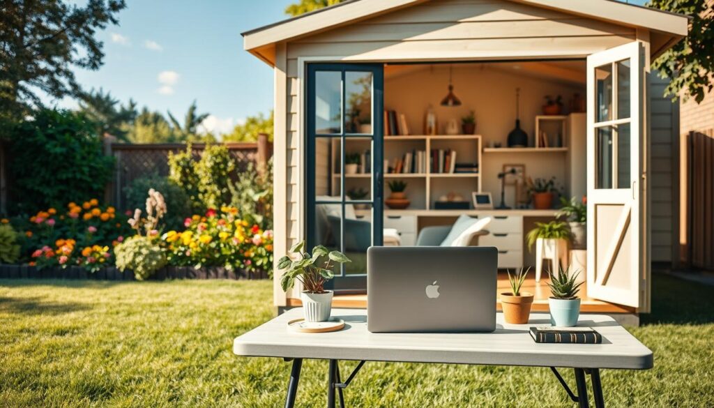A charming backyard shed transformed into a portable office setup, situated on a neat lawn. In the foreground, a stylish desk with an open laptop, surrounded by a few potted plants and office supplies, creates an inviting workspace. In the middle ground, the shed features large windows allowing natural light to flood in, with a cozy interior showcasing a comfortable chair and shelves filled with books and organizational tools. The background shows a serene garden with vibrant flowers and a clear blue sky, contributing to a peaceful work atmosphere. Soft, warm lighting emphasizes the inviting nature of the space, captured with a slightly angled view that offers depth and perspective, evoking a sense of creativity and productivity.