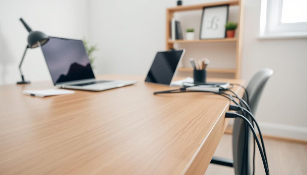 A clean and organized home office setup with a focus on cable management. In the foreground, a modern wooden desk displays neatly arranged cables routed through adhesive cable guides, showcasing a smooth and efficient path along the desk edge. The middle layer features a stylish laptop and office supplies, while the background reveals a well-lit room with soft natural light streaming through a window, accentuating a serene atmosphere. The mood is calm and professional, reflecting an organized workspace. The camera angle is slightly elevated, capturing the entire setup and providing a clear view of the cable routing. Ensure there are no human subjects, maintaining a purely product-focused scene. A clean and organized home office setup with a focus on cable management. In the foreground, a modern wooden desk displays neatly arranged cables routed through adhesive cable guides, showcasing a smooth and efficient path along the desk edge. The middle layer features a stylish laptop and office supplies, while the background reveals a well-lit room with soft natural light streaming through a window, accentuating a serene atmosphere. The mood is calm and professional, reflecting an organized workspace. The camera angle is slightly elevated, capturing the entire setup and providing a clear view of the cable routing. Ensure there are no human subjects, maintaining a purely product-focused scene.