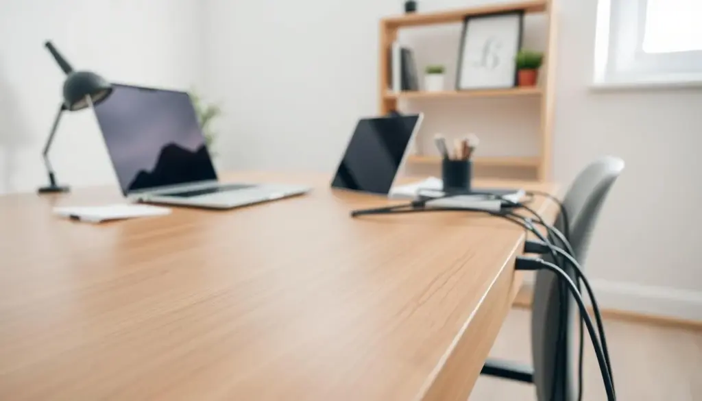 A clean and organized home office setup with a focus on cable management. In the foreground, a modern wooden desk displays neatly arranged cables routed through adhesive cable guides, showcasing a smooth and efficient path along the desk edge. The middle layer features a stylish laptop and office supplies, while the background reveals a well-lit room with soft natural light streaming through a window, accentuating a serene atmosphere. The mood is calm and professional, reflecting an organized workspace. The camera angle is slightly elevated, capturing the entire setup and providing a clear view of the cable routing. Ensure there are no human subjects, maintaining a purely product-focused scene.