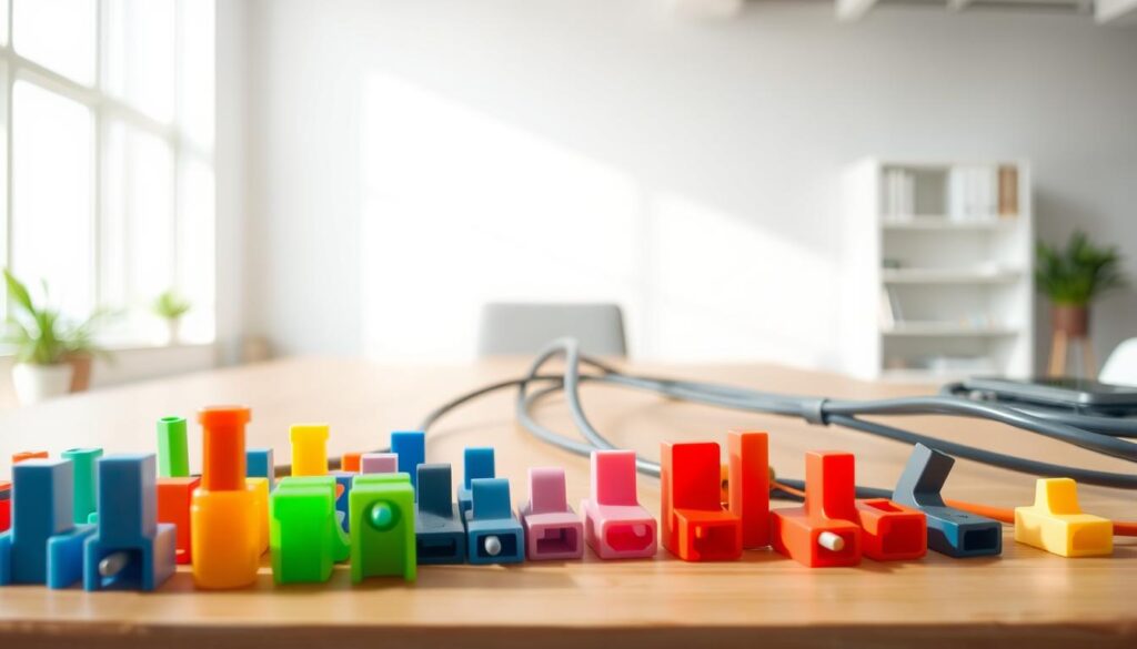 A clean, organized workspace featuring an array of colorful adhesive cable clips in the foreground, showcasing various shapes and sizes ideal for guiding and managing cords. The middle of the image depicts a simple surface, possibly a wooden desk, with cables elegantly routed and secured by the clips, emphasizing their practical use. In the background, a minimalistic office environment is softly blurred, highlighting the subject without distraction. The lighting is bright and natural, streaming in from a nearby window, creating an inviting atmosphere. The composition conveys a sense of efficiency and tidiness, illustrating the benefits of adhesive-guided cable routing. A clean, organized workspace featuring an array of colorful adhesive cable clips in the foreground, showcasing various shapes and sizes ideal for guiding and managing cords. The middle of the image depicts a simple surface, possibly a wooden desk, with cables elegantly routed and secured by the clips, emphasizing their practical use. In the background, a minimalistic office environment is softly blurred, highlighting the subject without distraction. The lighting is bright and natural, streaming in from a nearby window, creating an inviting atmosphere. The composition conveys a sense of efficiency and tidiness, illustrating the benefits of adhesive-guided cable routing.