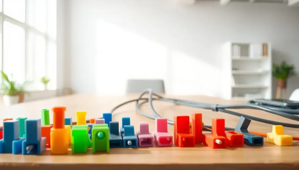 A clean, organized workspace featuring an array of colorful adhesive cable clips in the foreground, showcasing various shapes and sizes ideal for guiding and managing cords. The middle of the image depicts a simple surface, possibly a wooden desk, with cables elegantly routed and secured by the clips, emphasizing their practical use. In the background, a minimalistic office environment is softly blurred, highlighting the subject without distraction. The lighting is bright and natural, streaming in from a nearby window, creating an inviting atmosphere. The composition conveys a sense of efficiency and tidiness, illustrating the benefits of adhesive-guided cable routing.