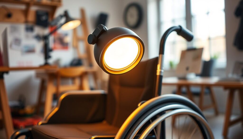 A close-up view of a modern clip-on lighting solution designed for a wheelchair, showcasing its sleek and portable design. The foreground focuses on the illuminated light fixture, emphasizing its adjustable arm and user-friendly controls, casting a warm, inviting glow. In the middle ground, a wheelchair is partially visible, featuring the light securely attached, demonstrating its functionality for a mobile workspace. The background is a softly blurred indoor setting, possibly a home office or workshop, with hints of tools and workspace materials, creating a practical yet welcoming atmosphere. The overall mood is professional and innovative, highlighting the importance of accessible lighting solutions for mobility. The lighting is soft but bright enough to illuminate the scene, captured from a slightly above angle for a detailed perspective.