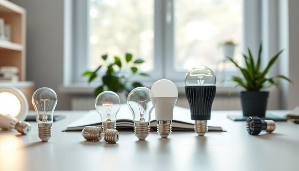 A close-up view of modern LED bulbs arranged aesthetically on a minimalist office desk, highlighting their sleek design and energy efficiency. The foreground showcases a few different styles of LED bulbs—some with a soft warm glow and others with a cooler brightness—illuminating the workspace gently. In the middle background, a potted plant and an open notebook suggest a productive environment. Natural light filters in through a large window, casting gentle shadows and creating a serene, eco-friendly atmosphere. The overall mood is calm and inviting, emphasizing sustainability and comfort in a professional setting, captured with a shallow depth of field to keep focus on the bulbs and their unique designs.