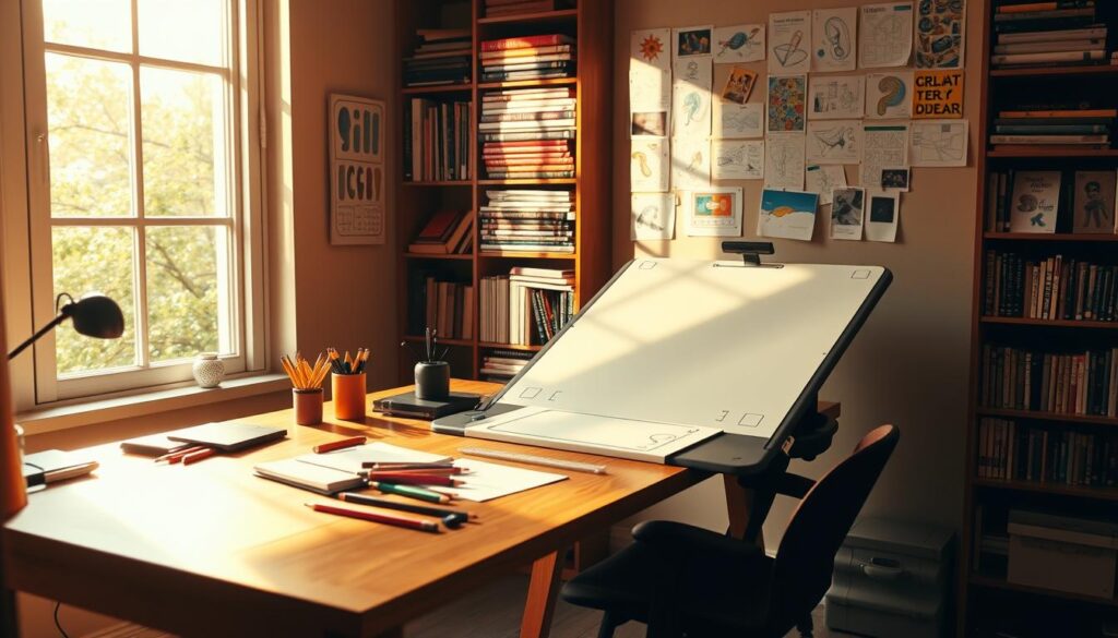 A compact drafting station illuminated by warm, natural light streaming through a large window. In the foreground, a sturdy wooden table holds a state-of-the-art drafting board angled for optimal use, surrounded by assorted colored pencils, sketch pads, and rulers. The middle ground features a comfortable, ergonomically designed chair, creating a welcoming workspace for creative endeavors. Bookshelves lined with design books and inspirational materials rise in the background, casting subtle shadows. Walls are adorned with various sketches and colorful designs pinned up, reflecting a vibrant artistic atmosphere. Soft focus on the edges enhances the cozy mood, inviting viewers to imagine themselves in this inspiring creative environment. The overall composition conveys productivity and artistic passion in a small yet efficient space.