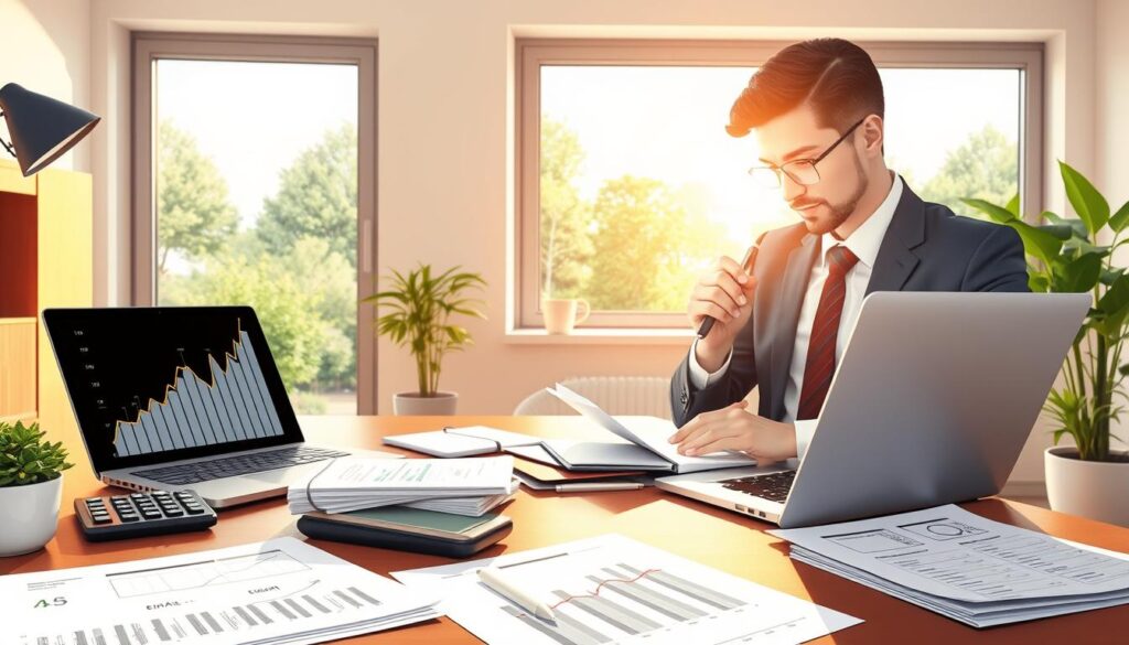 A conceptual illustration depicting financial goals and revenue growth in a home office setting. In the foreground, a modern desk with neatly arranged financial documents, a calculator, and a laptop displaying upward-trending graphs. The middle ground features a motivated professional in smart business attire, engaged in focused work while jotting down goals on a notepad. In the background, a large window with natural light streaming in, revealing a serene garden view that symbolizes growth and prosperity. The overall atmosphere should convey a sense of ambition and clarity, with warm lighting enhancing the sense of productivity. The composition should evoke a professional yet inviting mood, emphasizing the idea of setting clear financial objectives for success this year.