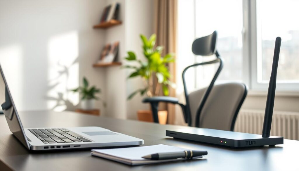 A contemporary home office setup showcasing a fixed wireless connection. In the foreground, a sleek desk with a modern laptop, a neatly arranged notebook, and a stylish pen. A wireless router sits prominently, with glowing indicator lights. In the middle ground, a comfortable ergonomic chair is positioned next to a large window, allowing natural light to stream in, casting soft shadows. The background features a calming indoor plant and a minimalistic wall-mounted shelf with technology books. The mood is productive and inviting, reflecting a balanced lifestyle. The scene is captured with soft diffused lighting, an angle that highlights the workspace functionality and comfort, and a depth of field that keeps the focus on the desk area.