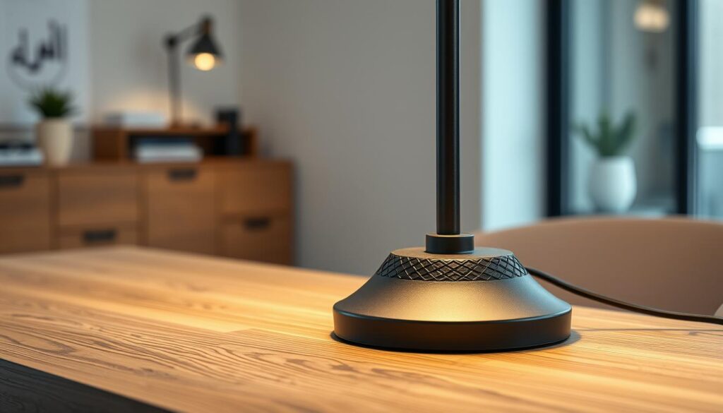 A contemporary lamp base designed for stability, showcasing a broad, weighted bottom that provides a robust footprint. The lamp is elegantly crafted, featuring an intricate geometric pattern on its surface, composed of matte black metal with a glossy finish. In the foreground, emphasize the lamp casing, casting soft, warm light that gently illuminates the surrounding surfaces. The middle ground presents a clean, minimalist desk space, with wood grain textures visible, enhancing the professional atmosphere. In the background, a blurred office setting with neutral tones adds depth without distraction. Use soft, diffused lighting to create a welcoming ambiance, highlighting the importance of stability in design. The angle should be slightly elevated to capture the scale and proportion effectively.