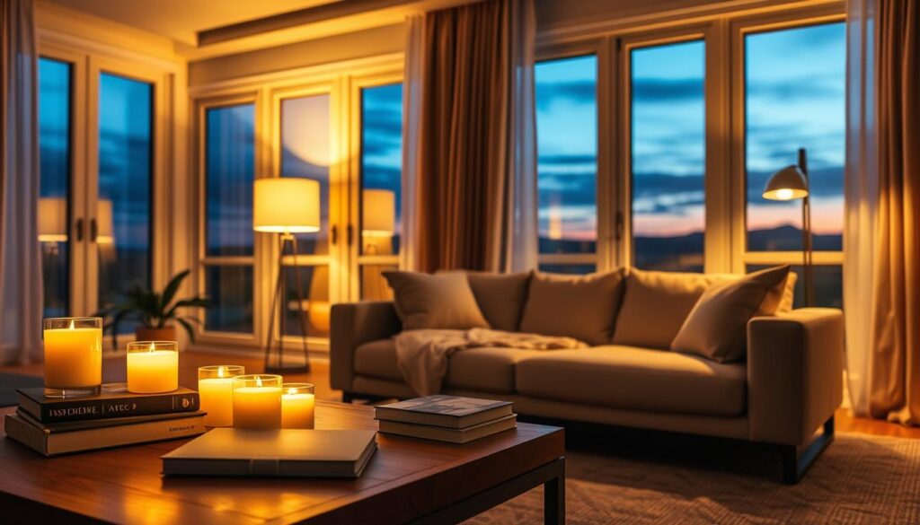 A cozy interior space featuring layered ambient lighting for a comfortable atmosphere. In the foreground, a stylish coffee table adorned with soft books and decorative candles emits a warm glow. The middle ground showcases a contemporary sofa with plush cushions, illuminated by a soft, diffused floor lamp that casts gentle shadows. In the background, large windows reveal a serene evening landscape bathed in twilight, with soft drapes filtering the fading light. The overall mood is inviting and tranquil, with a balanced interplay of warm yellows and soft blues, evoking relaxation and functionality. A wide-angle shot captures the entirety of the scene, emphasizing the harmonious blend of light sources.