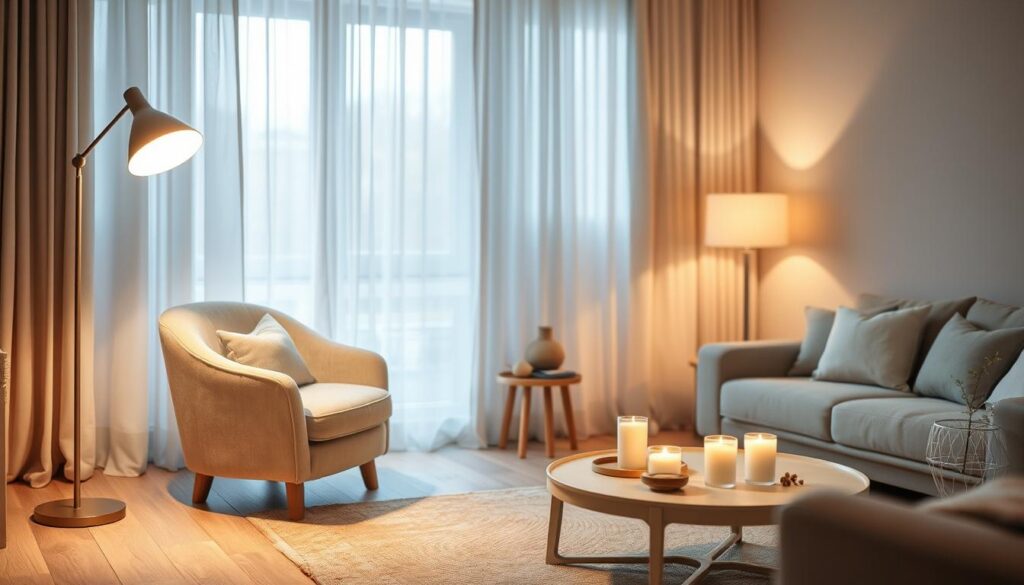 A cozy interior space showcasing ambient lighting in various layers. In the foreground, a stylish floor lamp with a soft, warm glow casts gentle light onto a plush armchair, creating an inviting nook. In the middle ground, a coffee table is adorned with candles and decorative objects, softly illuminated. The background features a softly lit window with sheer curtains, allowing a diffused light to enter, enhancing the serene atmosphere. The color palette includes warm beige, soft white, and hints of natural wood tones. The scene should evoke a sense of tranquility and comfort, with smooth lighting transitions, captured at a slight angle to emphasize depth and layers. Overall, the mood is peaceful and inviting, perfect for illustrating the concept of ambient lighting.