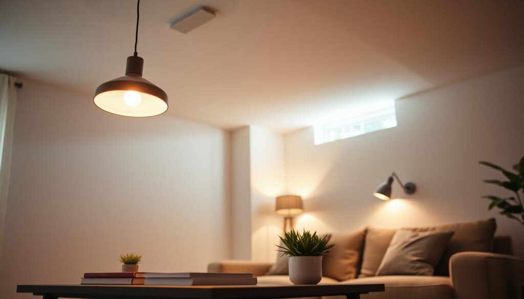 A cozy, modern room with low ceilings featuring sleek, low-profile lighting fixtures. In the foreground, a stylish low-hanging ceiling lamp with a minimalist design illuminates a small coffee table adorned with a potted plant and a few decorative books. The middle ground showcases soft, subtle wall lighting that enhances the warm atmosphere, casting gentle shadows. In the background, neutral-colored walls and a plush sofa create an inviting space. The scene is brightened by natural light filtering through a nearby window, creating a tranquil ambiance. Shot from a slightly elevated angle to accentuate the low ceiling, the overall mood is contemporary and inviting, perfect for illustrating modern lighting solutions in small spaces.