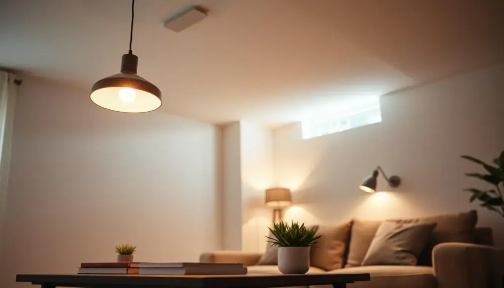 A cozy, modern room with low ceilings featuring sleek, low-profile lighting fixtures. In the foreground, a stylish low-hanging ceiling lamp with a minimalist design illuminates a small coffee table adorned with a potted plant and a few decorative books. The middle ground showcases soft, subtle wall lighting that enhances the warm atmosphere, casting gentle shadows. In the background, neutral-colored walls and a plush sofa create an inviting space. The scene is brightened by natural light filtering through a nearby window, creating a tranquil ambiance. Shot from a slightly elevated angle to accentuate the low ceiling, the overall mood is contemporary and inviting, perfect for illustrating modern lighting solutions in small spaces.