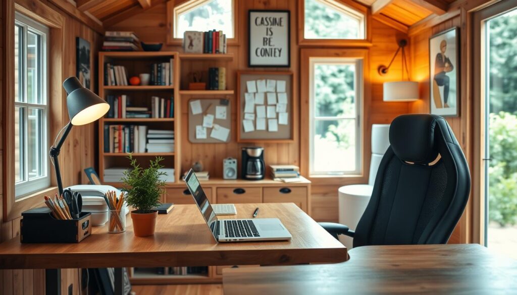 A cozy shed office space designed for productivity. In the foreground, a wooden desk with a laptop, a plant, and neatly organized stationery items. A comfortable ergonomic chair is positioned at the desk. In the middle ground, shelves filled with books, a bulletin board with pinned notes, and a small coffee maker. The ambiance is warm and inviting, featuring soft ambient lighting from a desk lamp and natural daylight streaming through a window. The background shows wooden walls adorned with inspiring artwork and a green view outside, creating a serene environment. The scene conveys focus, organization, and the idea of a personal workspace that fosters creativity and control. The overall mood is calm and professional, suitable for a dedicated home office.