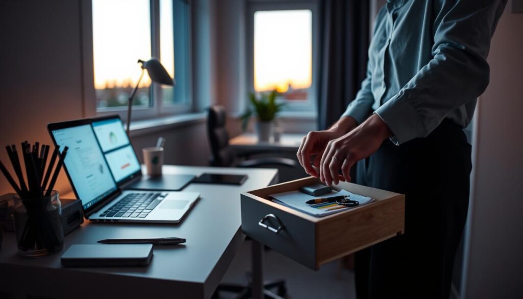 A cozy, small workspace at dusk, featuring a minimalist desk with neatly organized stationery and a laptop glowing softly. In the foreground, a pair of hands, wearing professional attire, carefully placing items into a drawer, symbolizing routine maintenance. The middle ground showcases a comfortable, ergonomic chair and a potted plant, enhancing productivity. In the background, a window reveals a soothing sunset, casting warm, golden light into the room. The overall atmosphere is calm and focused, evoking a sense of tranquility and purpose. Capture this scene with a wide-angle lens to emphasize the compactness of the space, using soft, diffused lighting to create an inviting, productive environment.