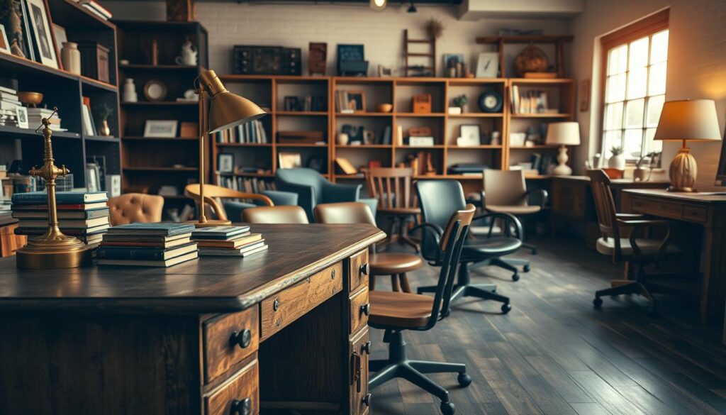 A cozy thrift store interior showcasing an eclectic mix of used office furniture. In the foreground, a vintage wooden desk with a slightly worn finish, adorned with a classic brass lamp and a stack of colorful books. The middle ground features various pre-owned chairs, each with distinct styles ranging from mid-century modern to rustic farmhouse. Shelves are lined with quirky décor items and office supplies, adding charm to the scene. In the background, warm soft lighting filters through a large window, casting a welcoming glow that enhances the inviting atmosphere. The composition is shot from a low angle, creating a sense of immersion in the space while highlighting the textures and character of the furniture.