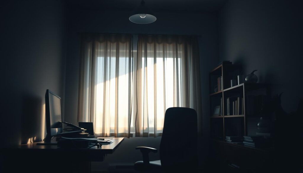 A dimly lit small office space with harsh shadows cast by overhead lighting. In the foreground, an office desk cluttered with papers and a computer, where the light creates stark contrasts, revealing deep shadows underneath the desk and around the chair. The middle ground features a pair of shelves filled with books and decorative items, partially obscured by elongated shadows that stretch across the wall. In the background, a window with sheer curtains lets in diffused light, enhancing the overall ambience with a slight warmth. The atmosphere is tense and slightly claustrophobic, suggesting the strain of poorly designed lighting. The image should emphasize the interplay of light and shadow, capturing the essence of common lighting errors in small office design.